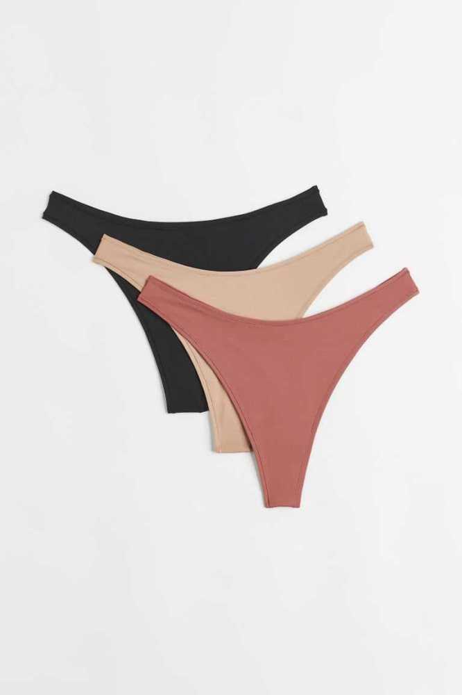 H&M 3-pack Jersey Tanga Briefs Unterwäsche Damen Schwarz Hellbeige Rosa | 3429-QPHFC