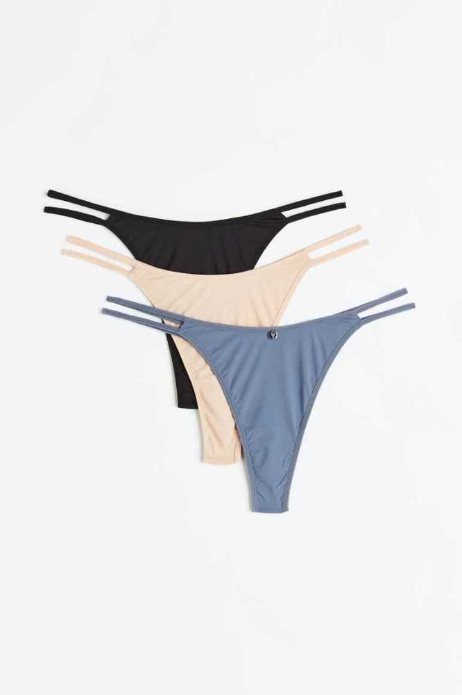 H&M 3-pack Jersey Tanga Briefs Unterwäsche Damen Schwarz Hellbeige Blau | 4962-FYVUP