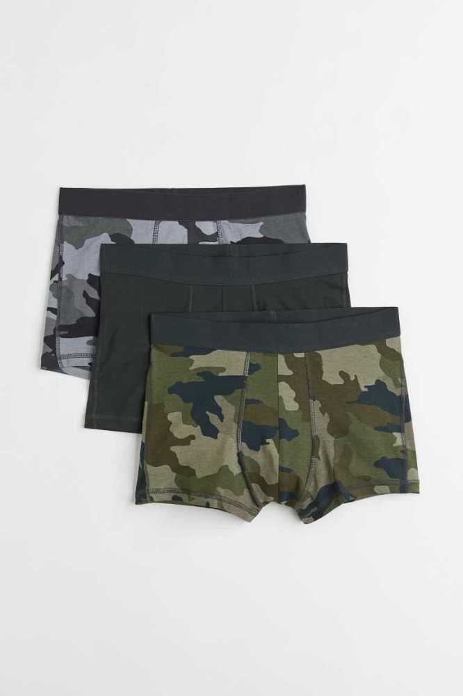 H&M 3-pack Kurzes Baumwoll Boxer Shorts Unterwäsche Herren Khaki Grün | 2046-HGMDN