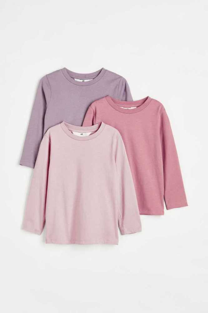 H&M 3-pack Long-sleeved Baumwoll Hemd Kinder Rosa Lila Hellgrau Braun | 9681-UXCIE