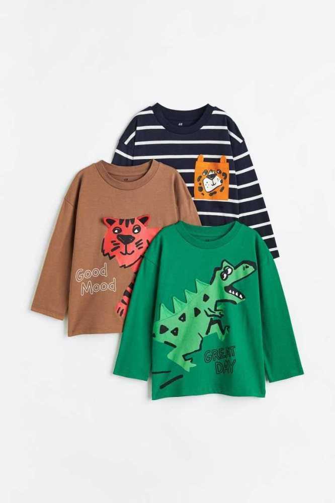 H&M 3-pack Long-sleeved Shirts Jersey Kinder Dunkelblau | 2931-KDRBU