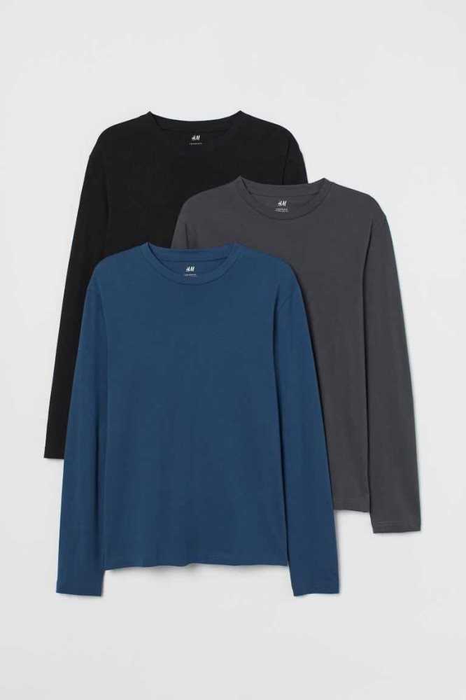 H&M 3-pack Regular Fit Jersey T-shirts Herren Blau Grün Grau | 7829-TBUZP