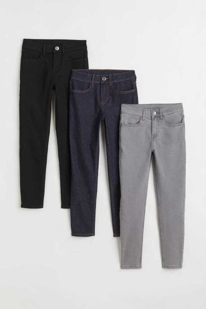 H&M 3-pack Slim Fit Stretch Jeans Kinder Schwarz Grau Blau | 0512-YKVED