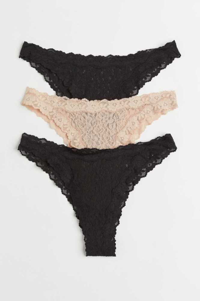 H&M 3-pack Spitze Brazilian Briefs Unterwäsche Damen Rosa Schwarz | 5302-OYCDB