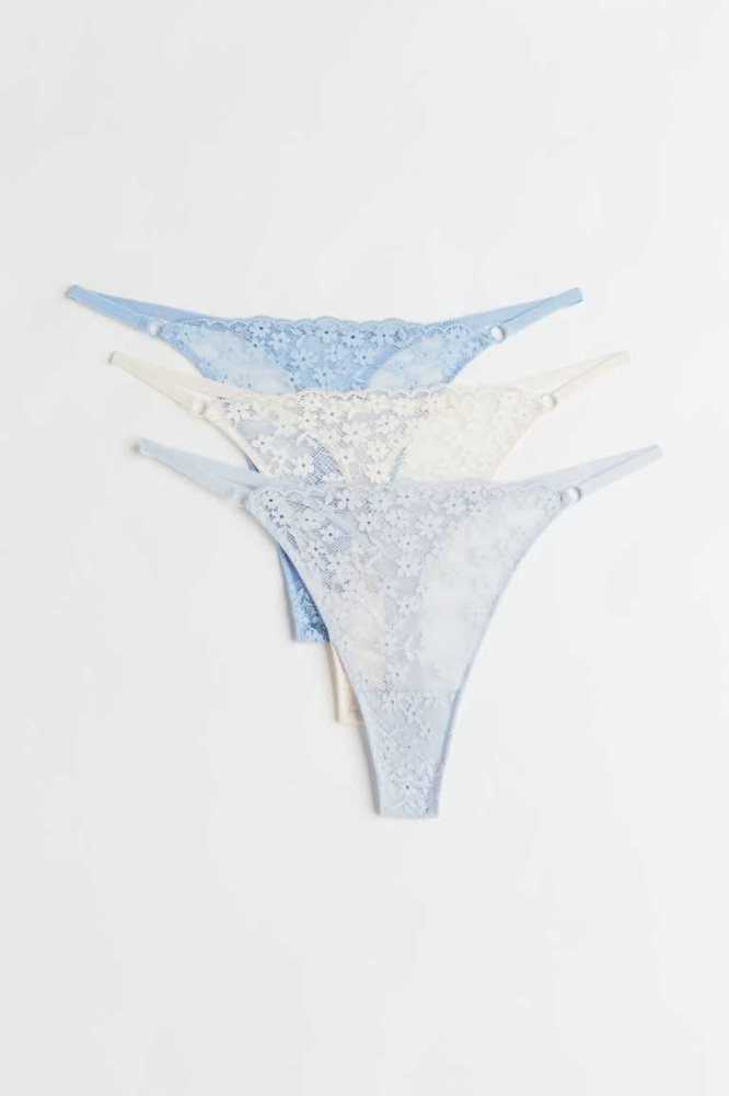 H&M 3-pack Spitze Tanga Briefs Unterwäsche Damen Hellblau Weiß | 5917-USTNB