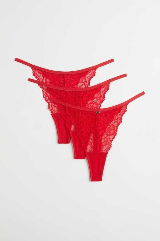 H&M 3-pack Spitze Tanga Briefs Unterwäsche Damen Rot | 9483-ALFRH