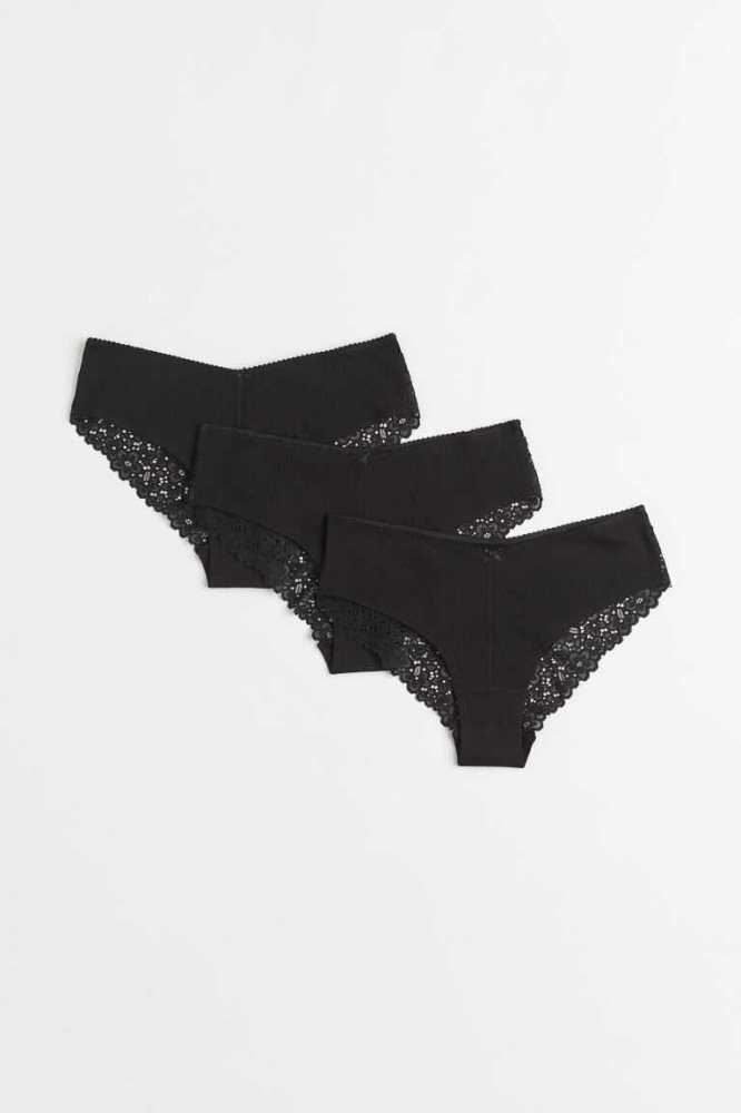 H&M 3-pack Spitze-trimmed Hipster Briefs Unterwäsche Damen Schwarz | 1067-VFHYK