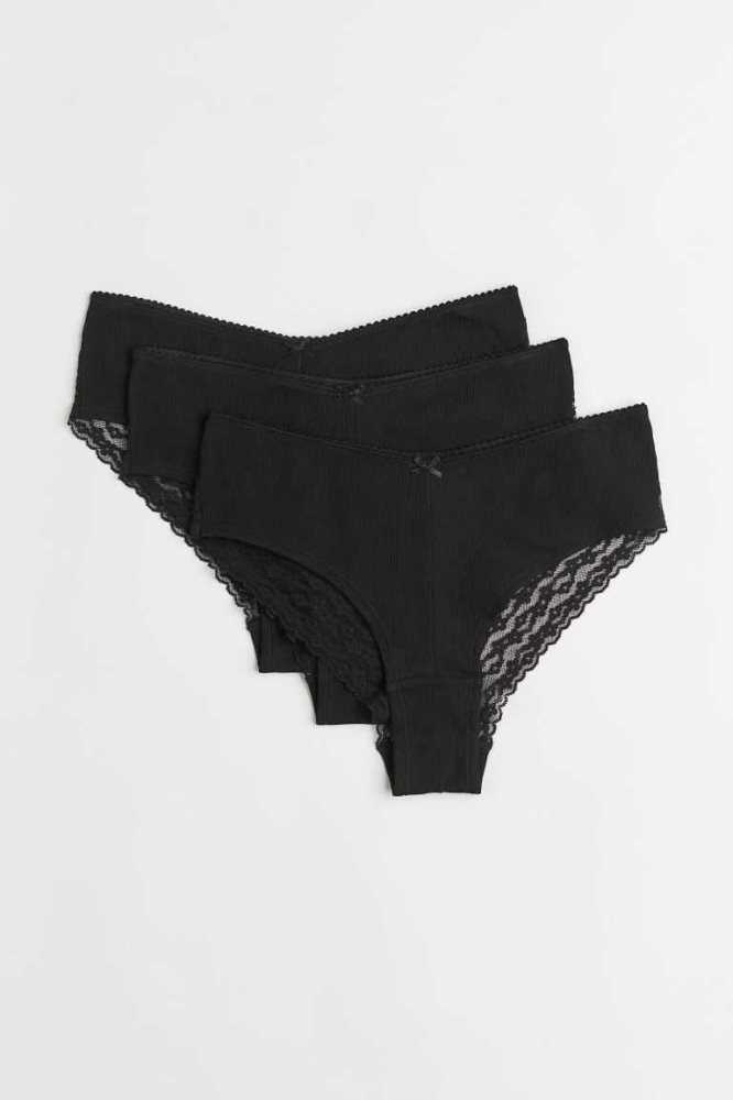 H&M 3-pack Spitze-trimmed Hipster Briefs Unterwäsche Damen Schwarz | 1475-AYOXQ