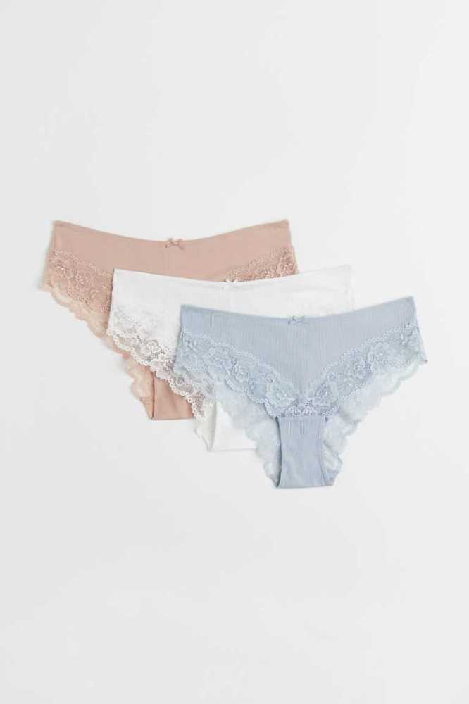 H&M 3-pack Spitze-trimmed Hipster Briefs Unterwäsche Damen Hellblau Weiß Rosa | 3961-YEMPL