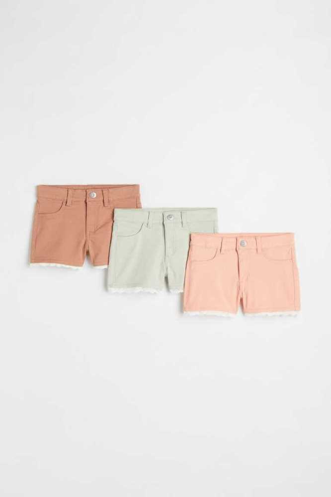 H&M 3-pack Spitze-trimmed Twill Kurze Hose Kinder Rosa Dunkelbeige | 6804-KLCPU