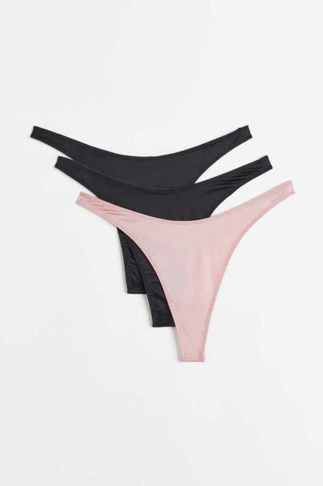 H&M 3-pack stretch satin thong briefs Unterwäsche Damen Dunkelgrau Rosa | 3721-HOYUC