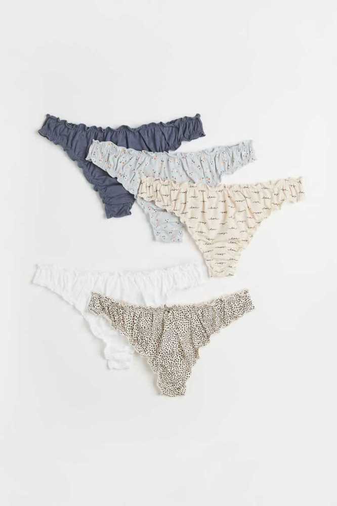 H&M 5-pack Baumwoll Tanga Briefs Unterwäsche Damen Weiß Schwarz Hellblau | 7862-MKWOF