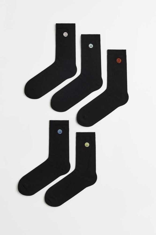 H&M 5-pack Embroidery-detail Socken Herren Schwarz | 7138-YVKMD