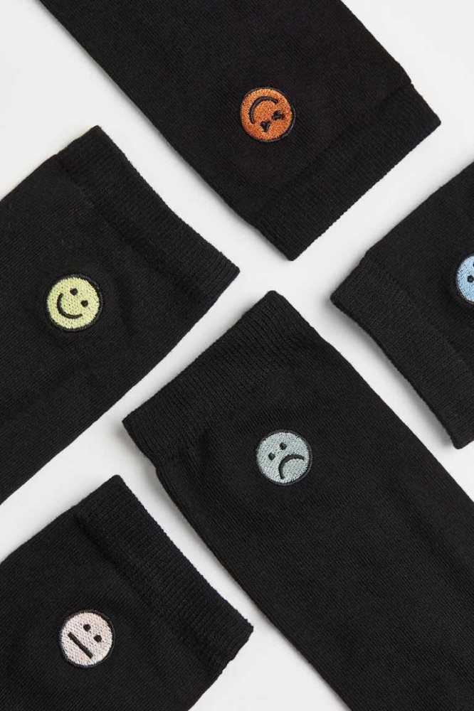 H&M 5-pack Embroidery-detail Socken Herren Schwarz | 7138-YVKMD