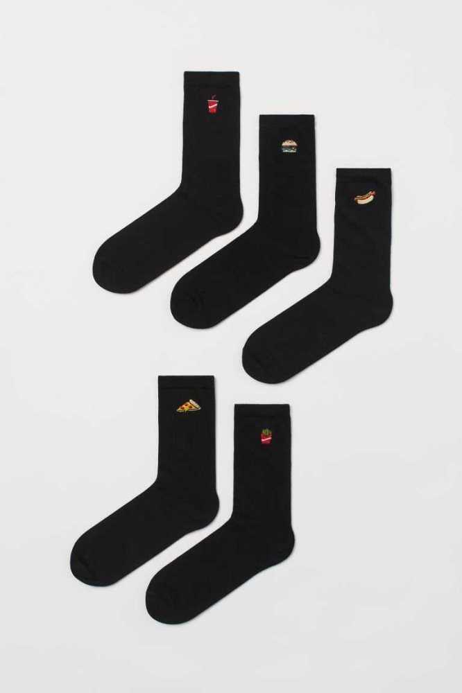 H&M 5-pack Embroidery-detail Socken Herren Schwarz | 7138-YVKMD