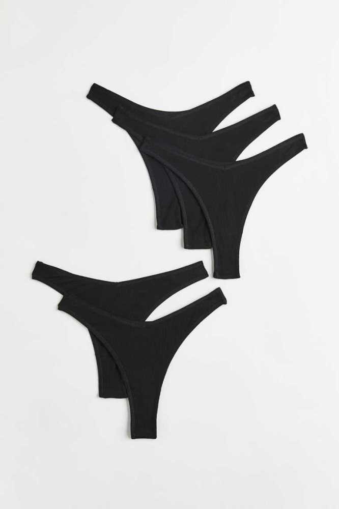 H&M 5-pack Gerippt Tanga Briefs Unterwäsche Damen Schwarz | 4782-COZIY