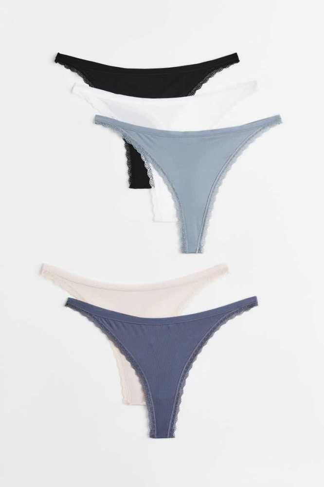 H&M 5-pack Jersey Tanga Briefs Unterwäsche Damen Dunkelgrau Grün | 4958-KNMDX