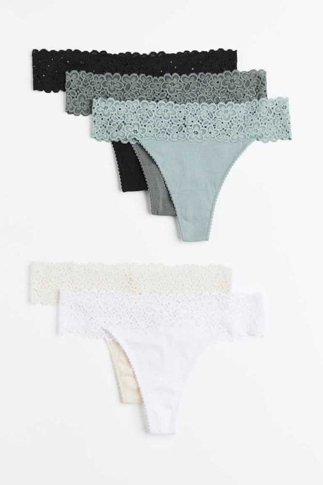 H&M 5-pack Jersey Tanga Briefs Unterwäsche Damen Schwarz Grau Grün | 7108-TQJLH