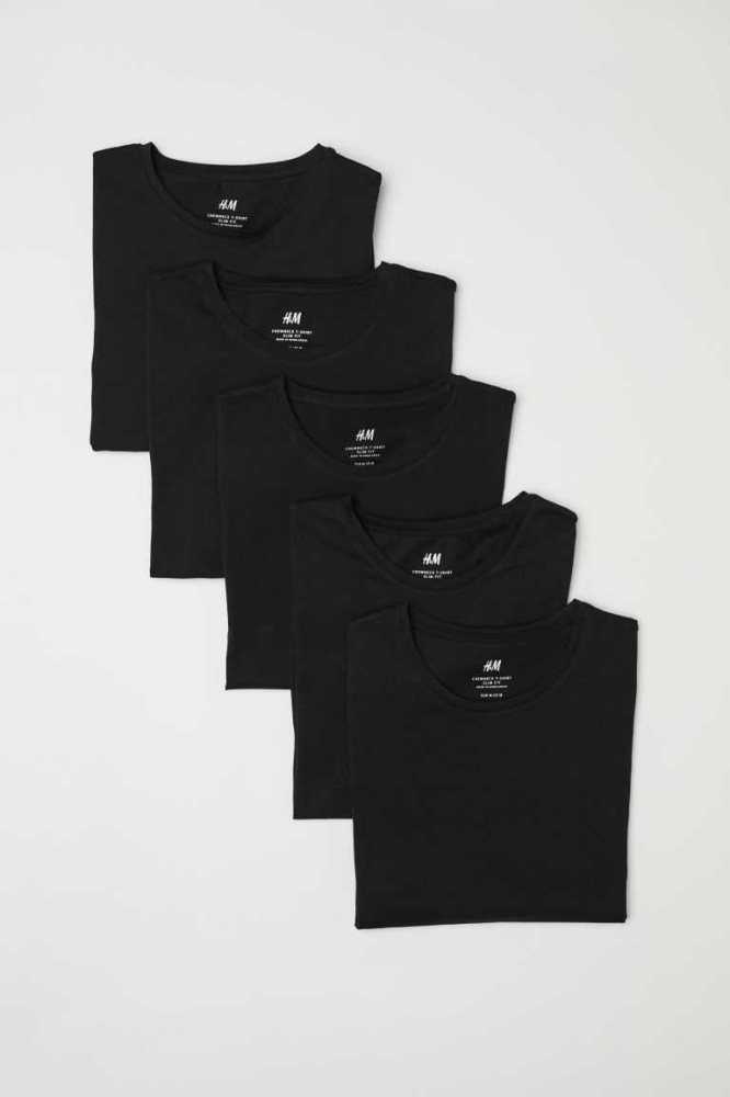 H&M 5-pack Slim Fit T-shirts Herren Grau Grün | 3864-KFSLU