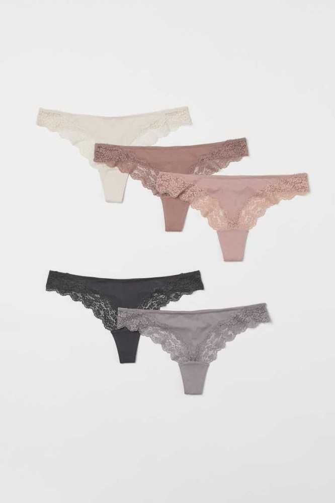 H&M 5-pack Tanga Briefs Unterwäsche Damen Weiß Rosa | 0489-ZTAPW