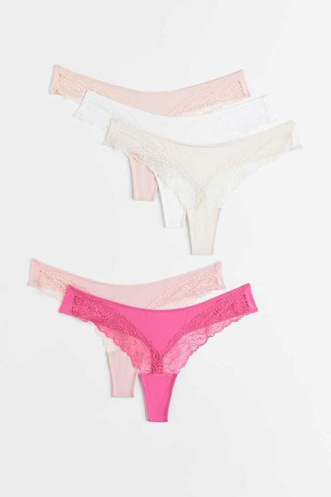 H&M 5-pack Tanga Briefs Unterwäsche Damen Rosa Weiß | 0837-UQGTH