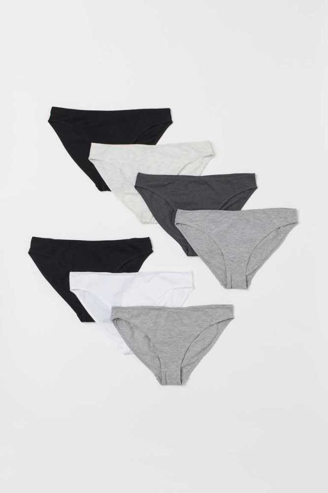 H&M 7-pack Baumwoll Bikini Briefs Unterwäsche Damen Schwarz Grau Beige Weiß | 4876-GCSBT