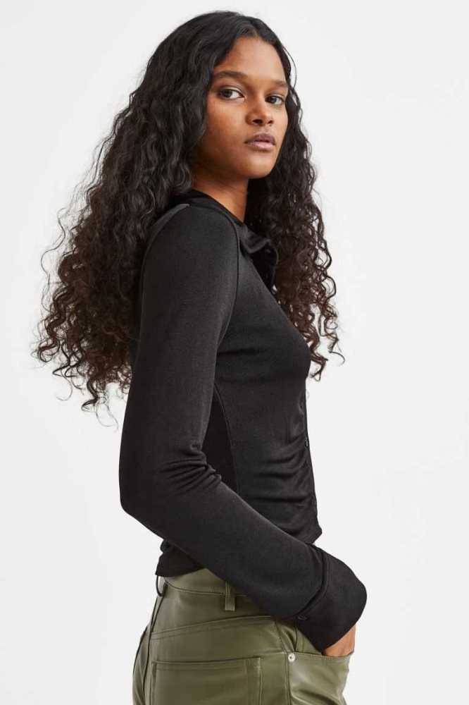 H&M Airy Jersey Bluse Damen Schwarz | 2053-UKXYG