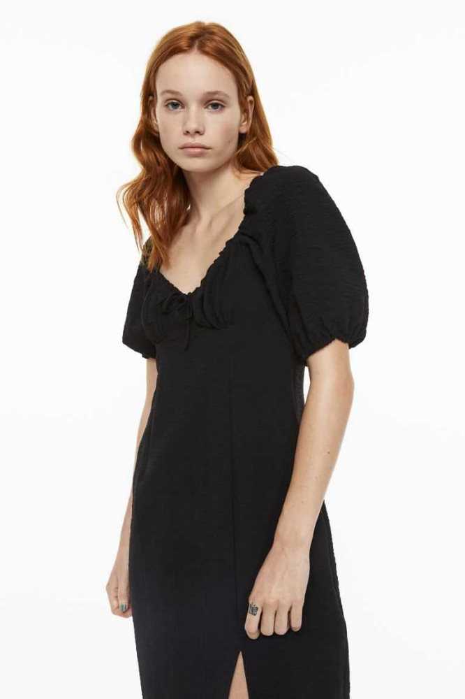 H&M Balloon-sleeved Creped Kleider Damen Schwarz | 9731-KZVPF