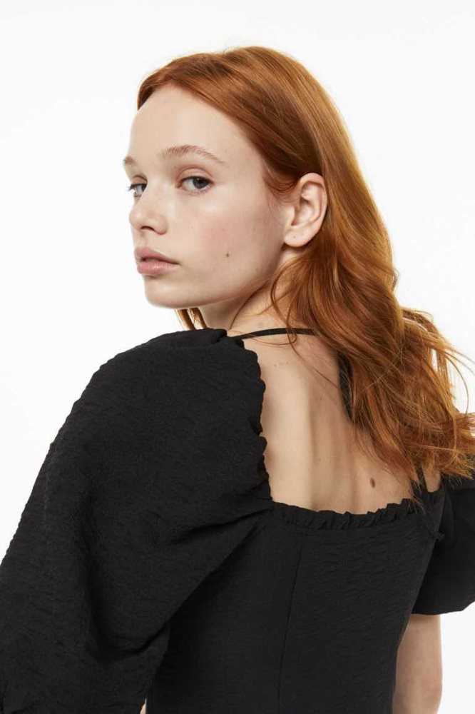 H&M Balloon-sleeved Creped Kleider Damen Schwarz | 9731-KZVPF