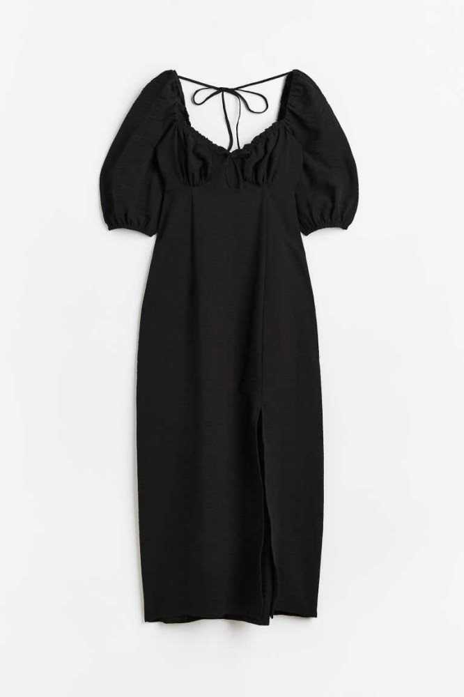 H&M Balloon-sleeved Creped Kleider Damen Schwarz | 9731-KZVPF