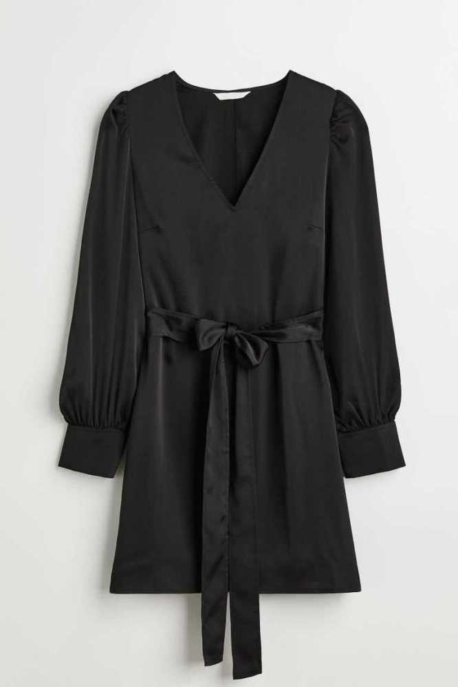 H&M Balloon-sleeved Satin Kleider Damen Schwarz | 4170-IEAUV