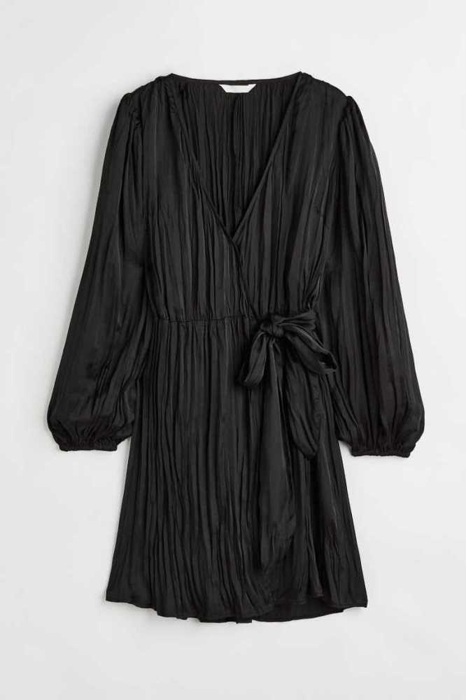 H&M Balloon-sleeved Wrapover Kleider Damen Schwarz | 9721-MZLXU