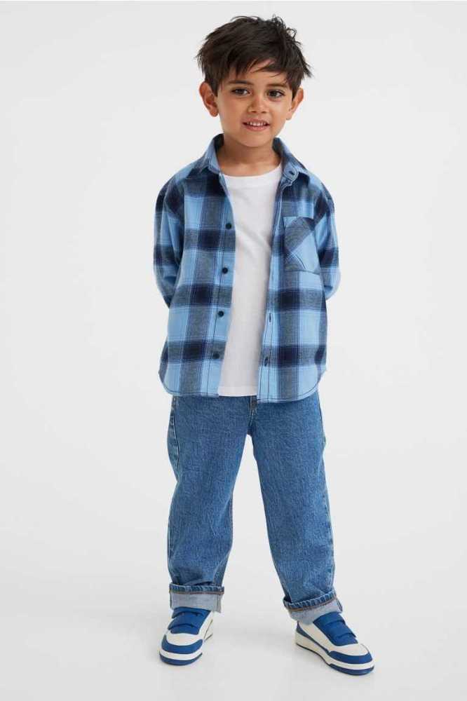 H&M Baumwoll Flannel Hemd Kinder Hellblau | 4586-DEPUS