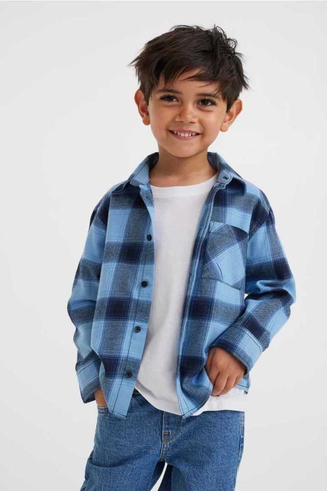 H&M Baumwoll Flannel Hemd Kinder Hellblau | 4586-DEPUS