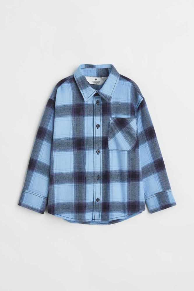 H&M Baumwoll Flannel Hemd Kinder Hellblau | 4586-DEPUS