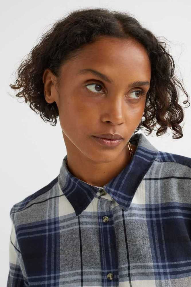 H&M Baumwoll Flannel Shirt Bluse Damen Dunkelblau | 1204-SKMZU