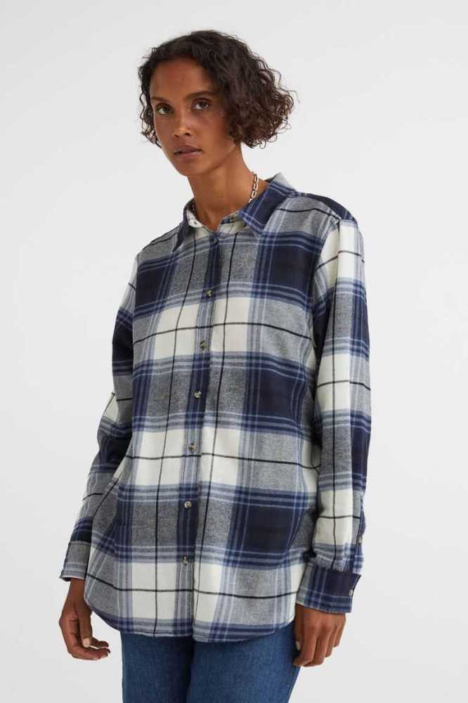 H&M Baumwoll Flannel Shirt Bluse Damen Dunkelblau | 1204-SKMZU