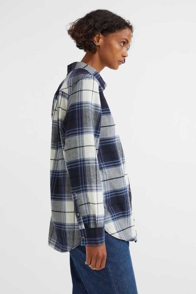 H&M Baumwoll Flannel Shirt Bluse Damen Dunkelblau | 1204-SKMZU