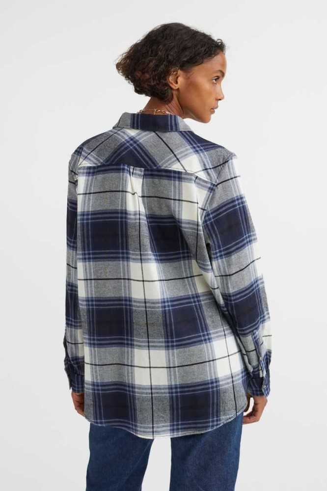 H&M Baumwoll Flannel Shirt Bluse Damen Dunkelblau | 1204-SKMZU