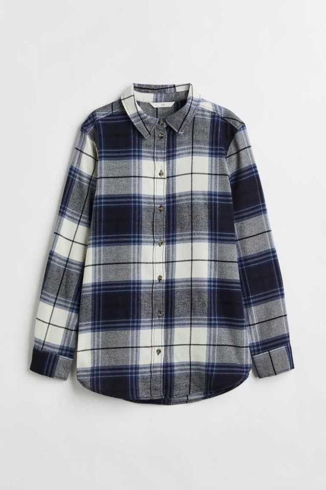 H&M Baumwoll Flannel Shirt Bluse Damen Dunkelblau | 1204-SKMZU