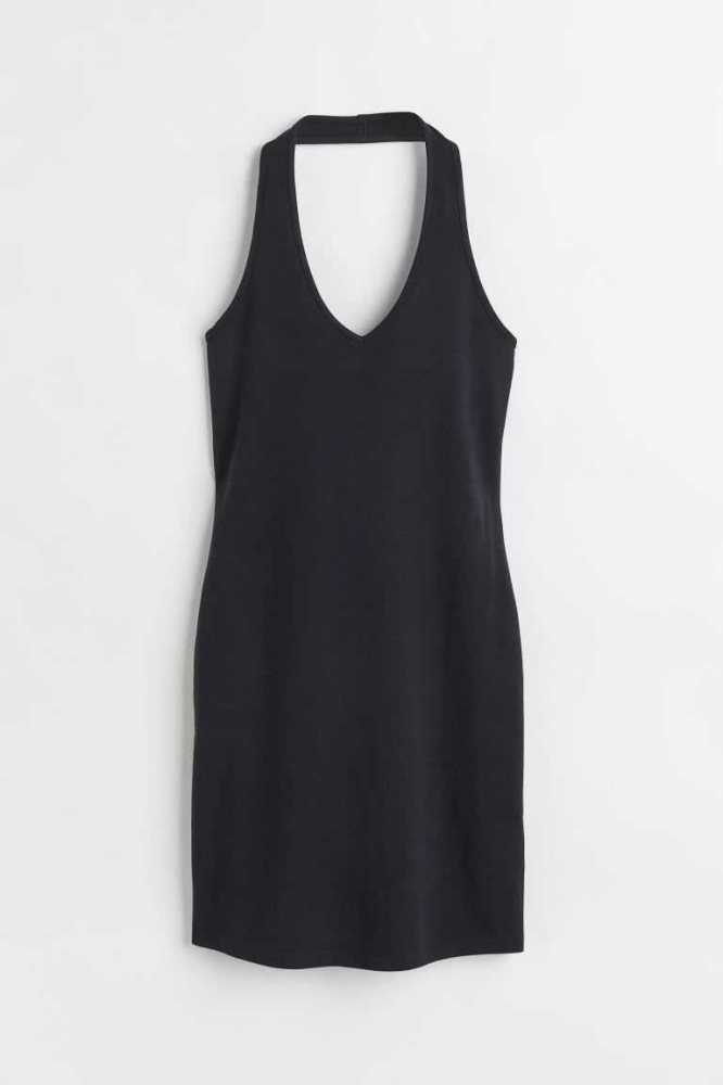 H&M Baumwoll Halterneck Kleider Damen Schwarz | 0957-RTYMC