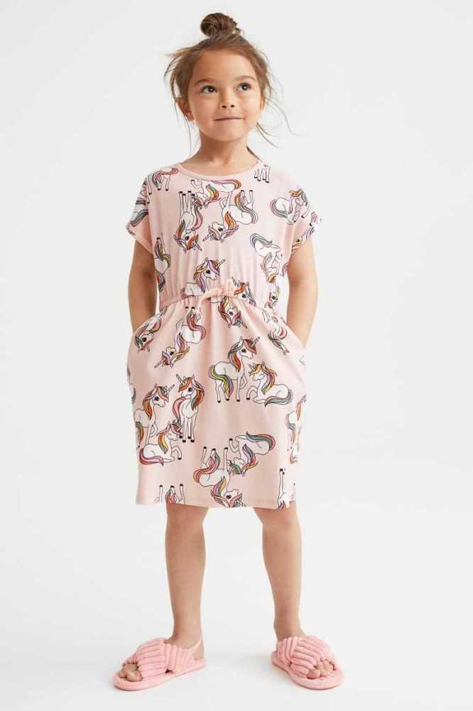 H&M Baumwoll Jersey Kurzes Kleid Kinder Hellrosa | 0781-ZKAOB