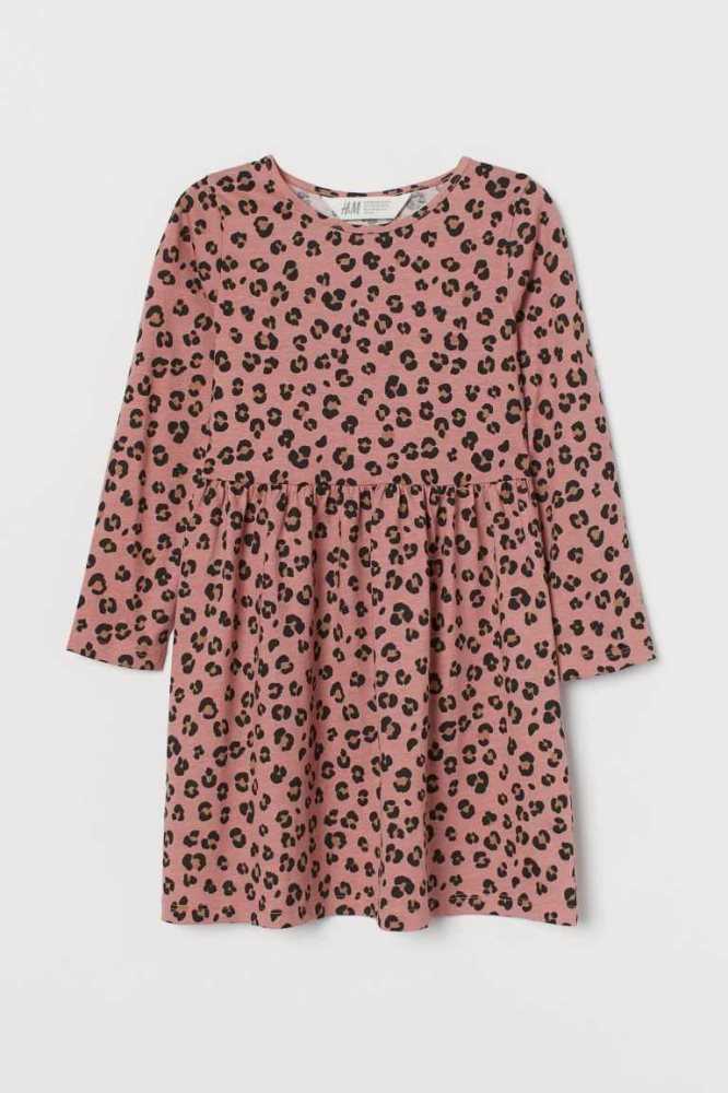 H&M Baumwoll Jersey Kurzes Kleid Kinder Beige Leopard | 2908-RZBDM