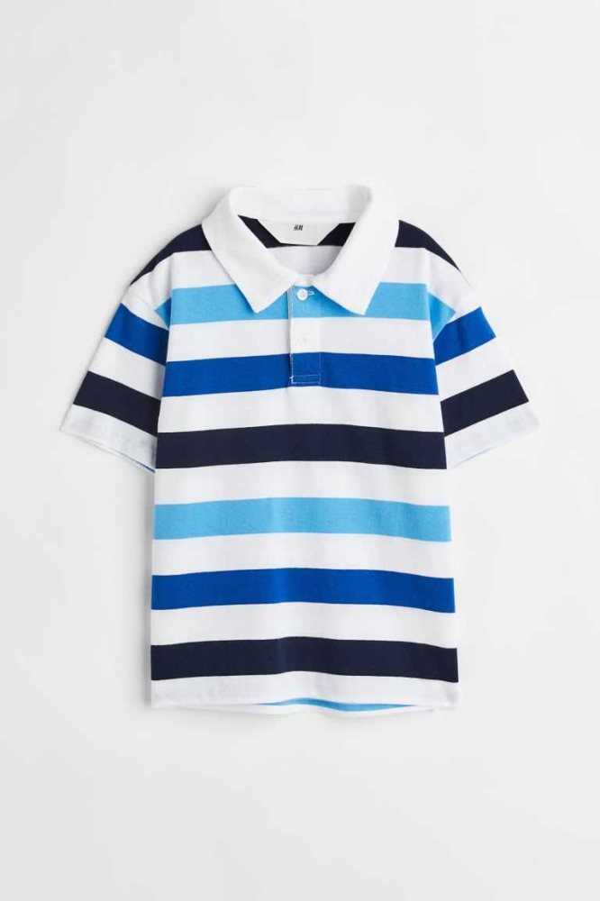 H&M Baumwoll Polo Hemd Kinder Weiß Blau | 2589-RJOYV