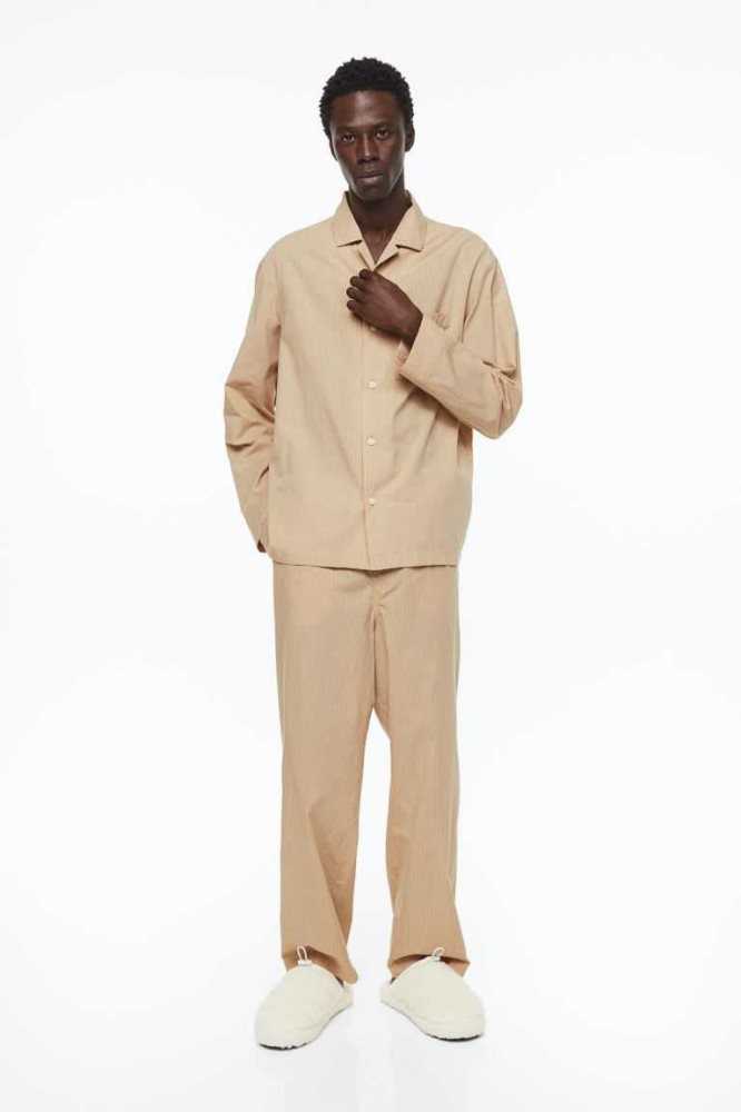 H&M Baumwoll Poplin Pajamas Loungewear Herren Beige | 9816-XENFR