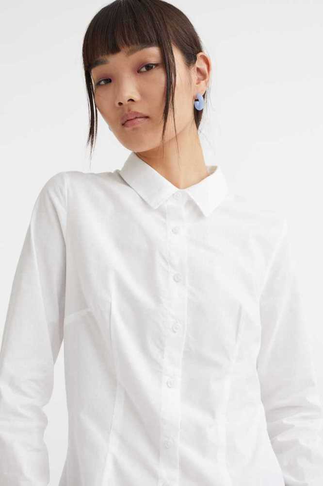 H&M Baumwoll Poplin Shirt Bluse Damen Dunkelblau | 1762-PRBLN