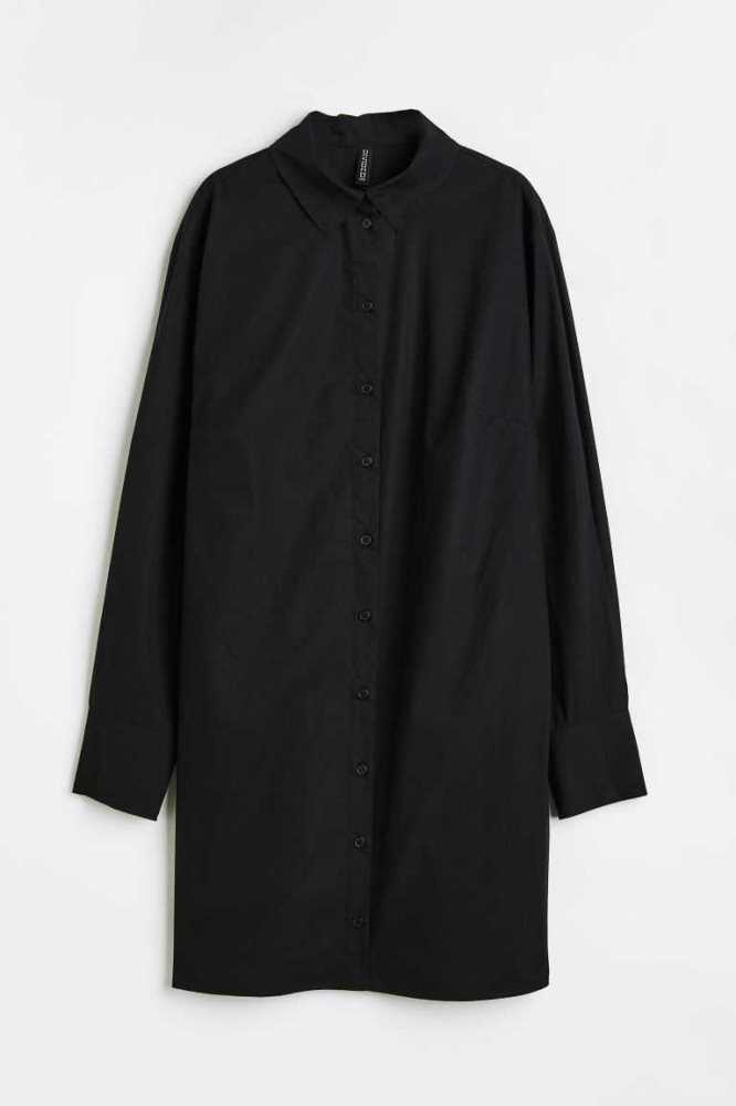 H&M Baumwoll Poplin Shirt Kleider Damen Schwarz | 1279-QIOMN