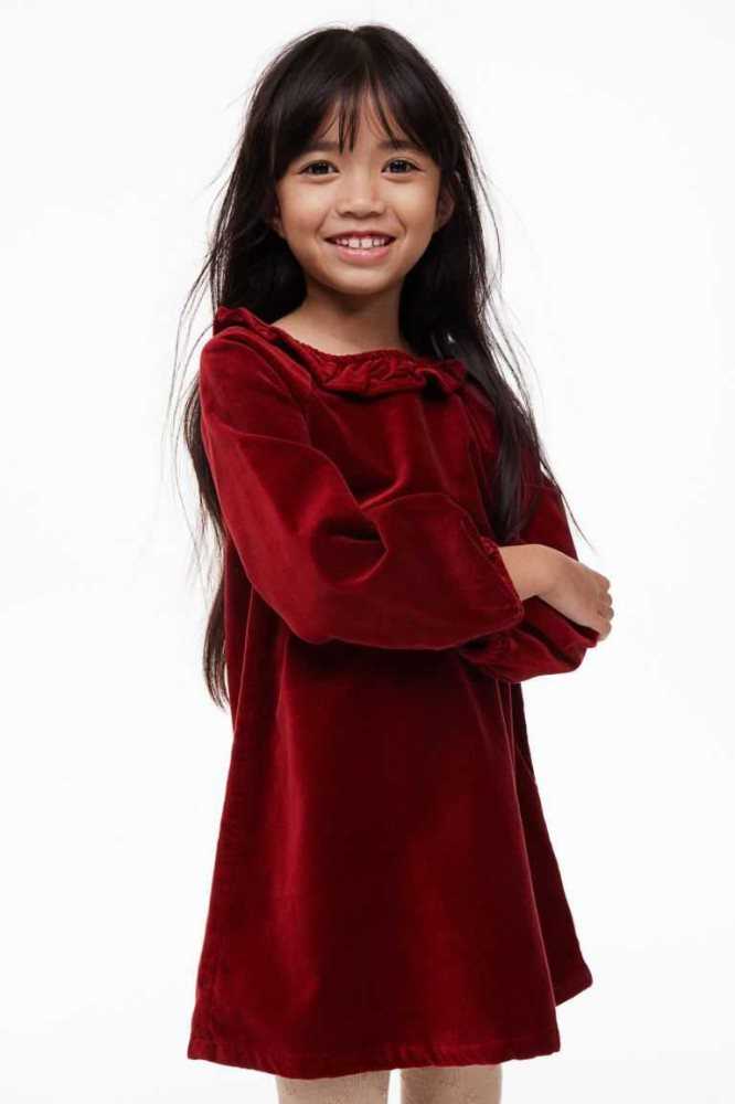 H&M Baumwoll Velvet Kurzes Kleid Kinder Mehrfarbig | 0765-JDTNP