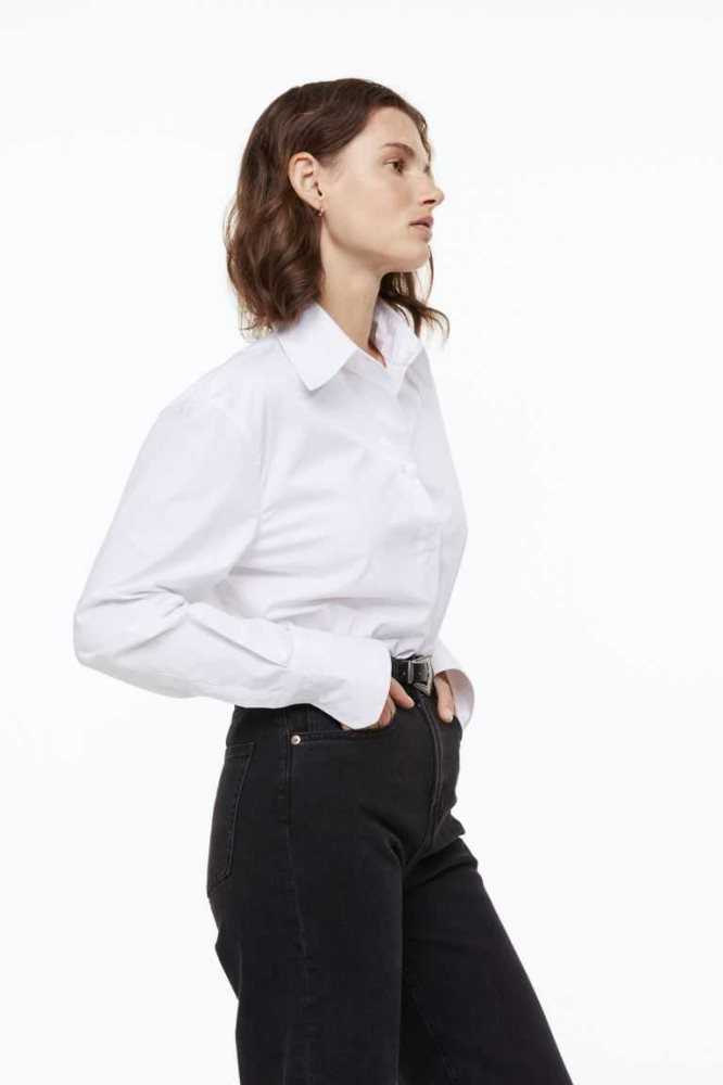 H&M Baumwoll shirt Bluse Damen Weiß | 8410-PEWUF