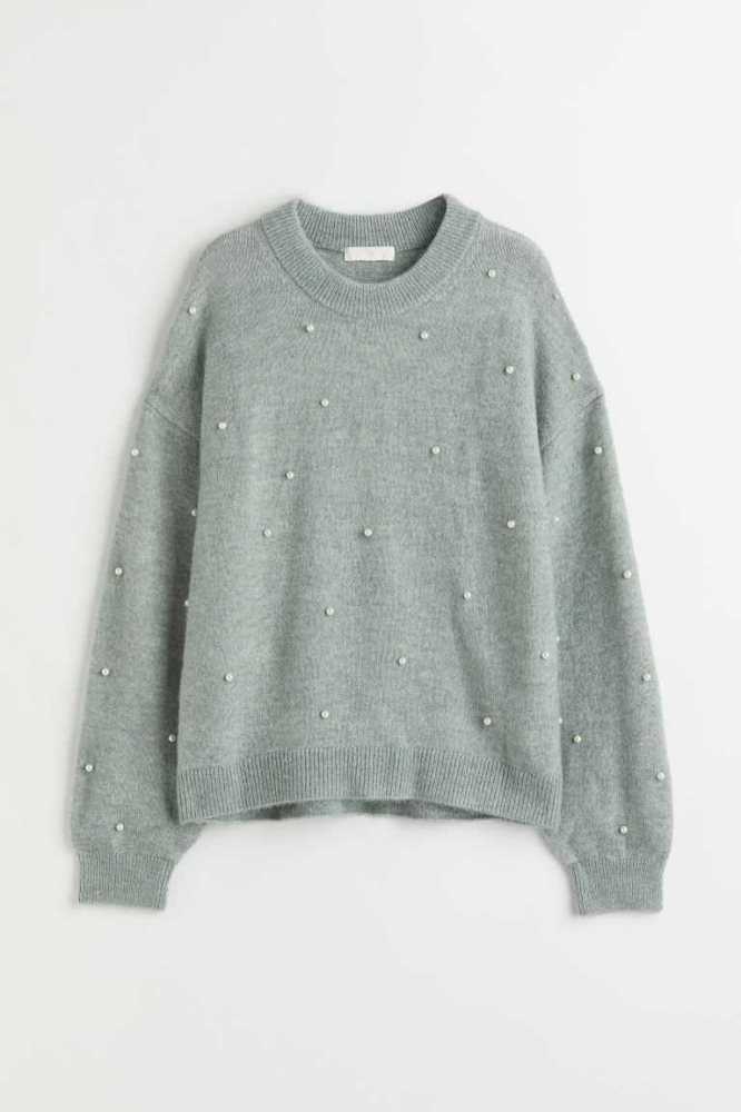 H&M Beaded Pullover Damen Hellgrün | 1437-NEYLK